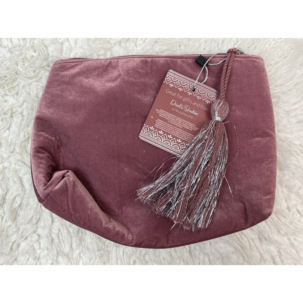 NWT Dwell Studio Pink Velvet Gold Hand Beaded Rhinestone Cosmetic Bag